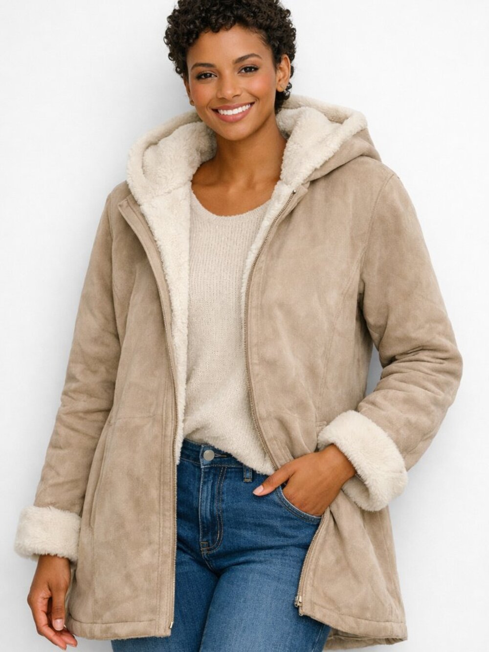 St. John’s Bay Suede Shearling Hooded Coat – Sand Beige Zip‑Front Winter Jacket